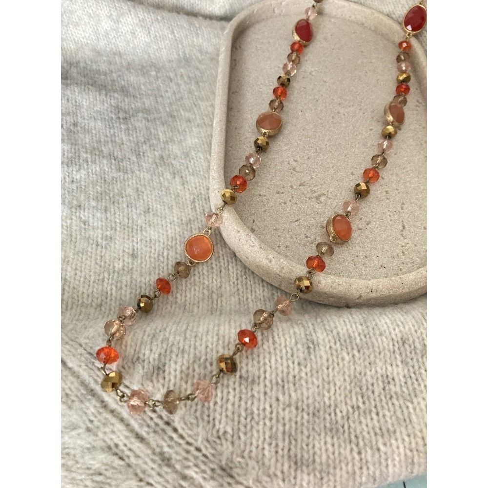 Rusty Pink Beaded Station Necklace Gold Tone Long Boho Faceted Bead Elegant